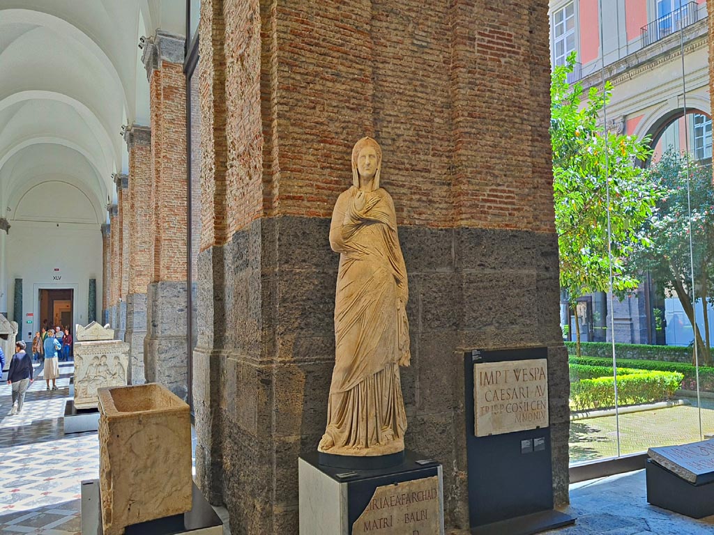 VII.16, Herculaneum, Basilica Noniana. April 2023.
Marble statue of Viciria, mother of Nonius Balbus, found in the Basilica, inv. 6168.
On display in “Campania Romana” gallery in Naples Archaeological Museum. Photo courtesy of Giuseppe Ciaramella.
